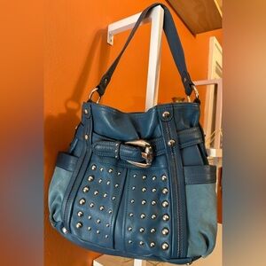 B MAKOWSKY Blue Teal Leather & Suede Stylish Studded Shoulder Bag EUC